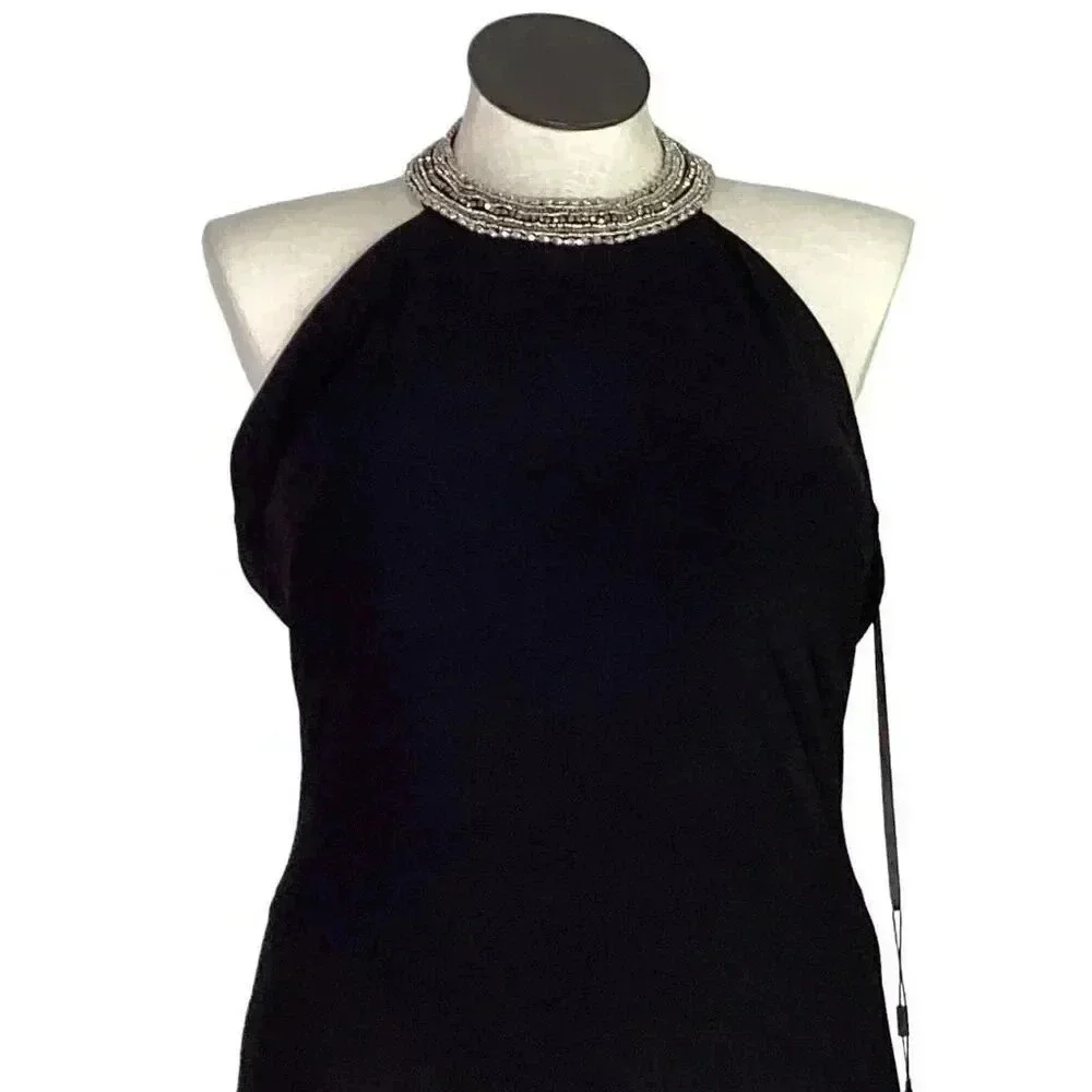 Mac Duggal Body Con Gown Dress Womens 12 Black Beaded Halter Jersey Maxi NEW